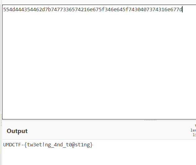 Decoding hexadecimal data in CyberChef to produce flag