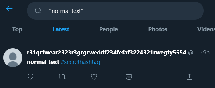 Twitter search result for `normal text` shows weirdly-long-named account
