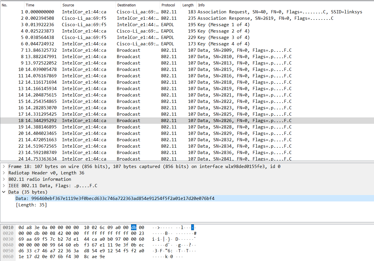 802.11 Wireless traffic with encrypted data in Wireshark