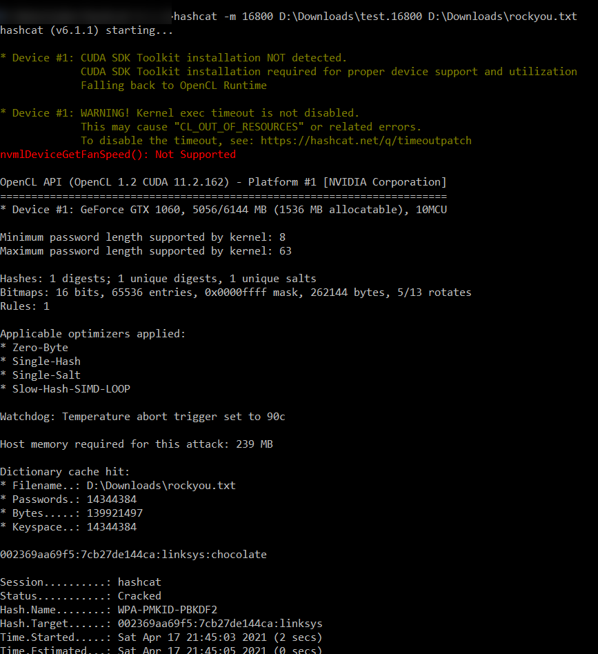 hashcat used to bruteforce the WLAN password