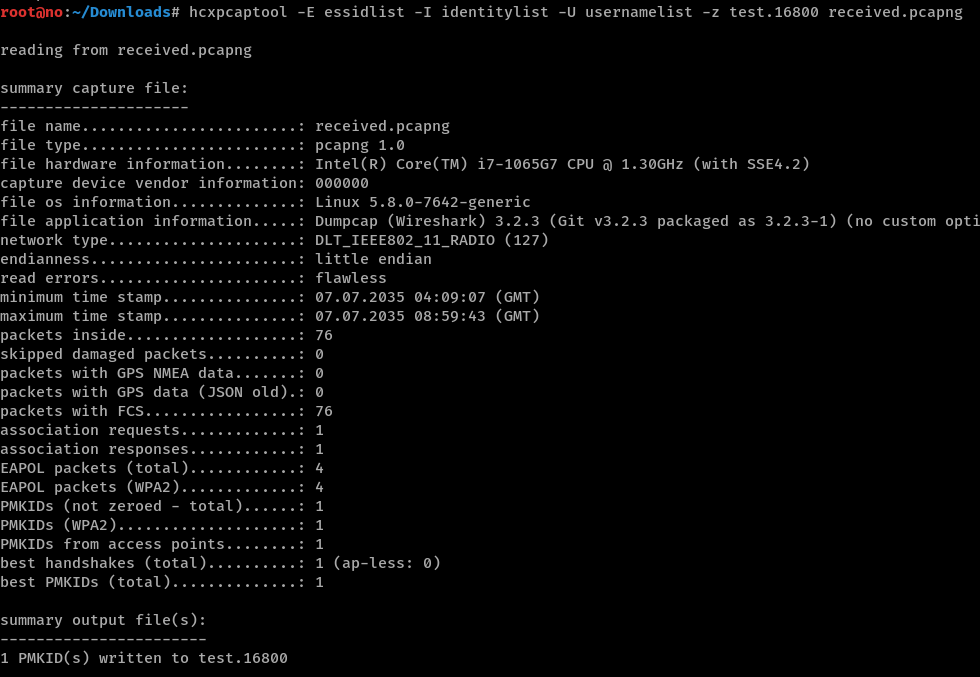 hcxpcaptool used to convert pcapng to hash