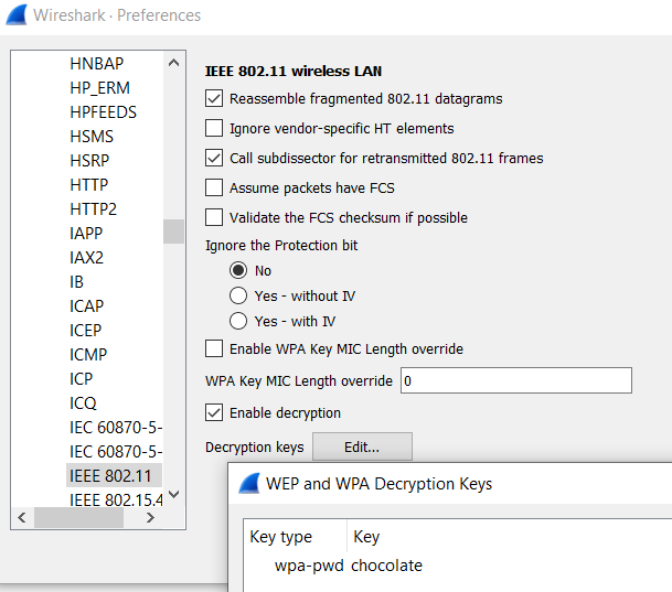 Add WLAN password as WPA Decryption Key in Wireshark Protocol Preferences