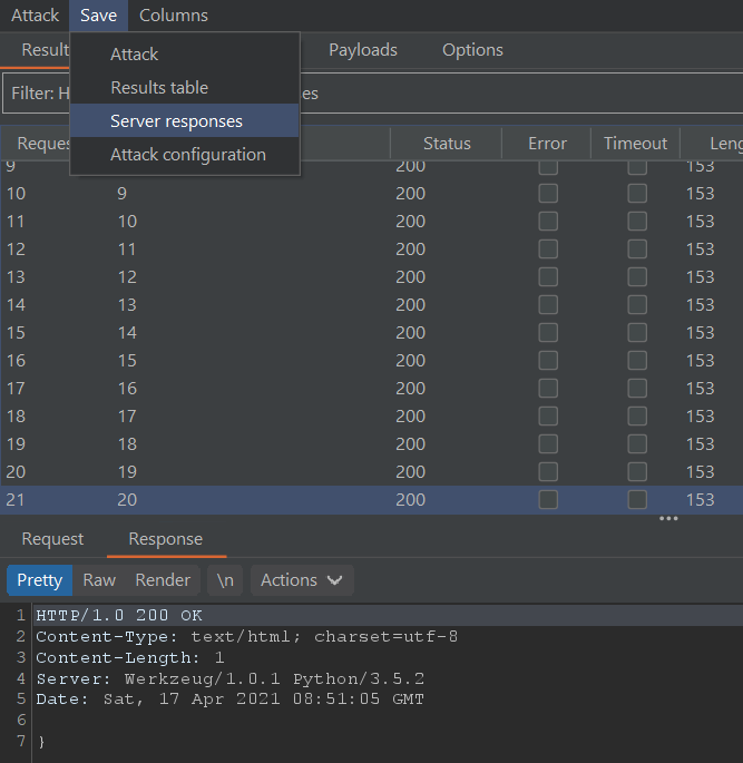 Save server responses from Burp Intruder results