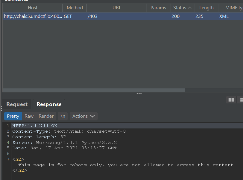 GET request to /403 in Burp Suite returns 'This page is for robots only'