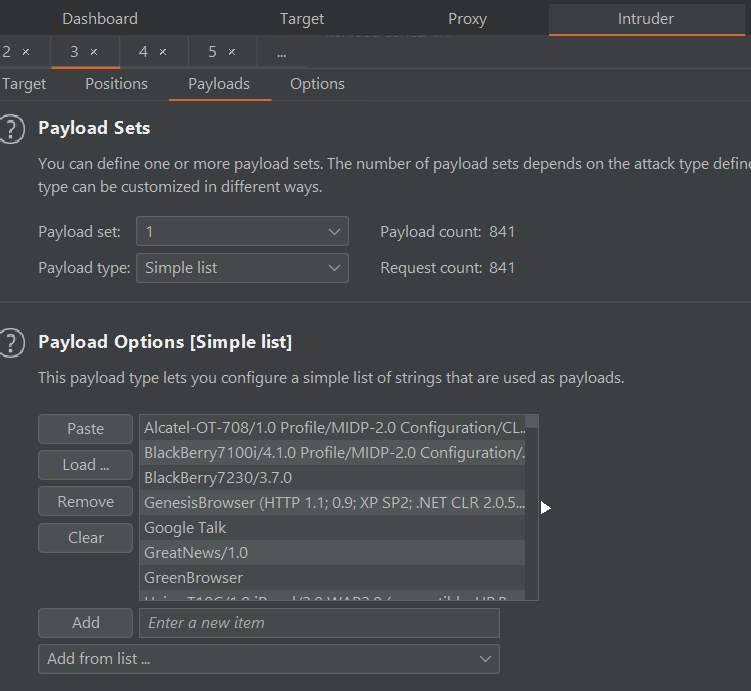 Setting Burp Intruder Payload Options to create simple list from user-agents