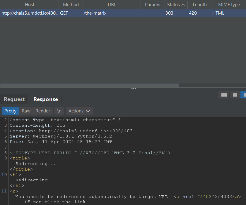 GET request sent to /the-matrix in Burp Suite returns 303 redirect to /403