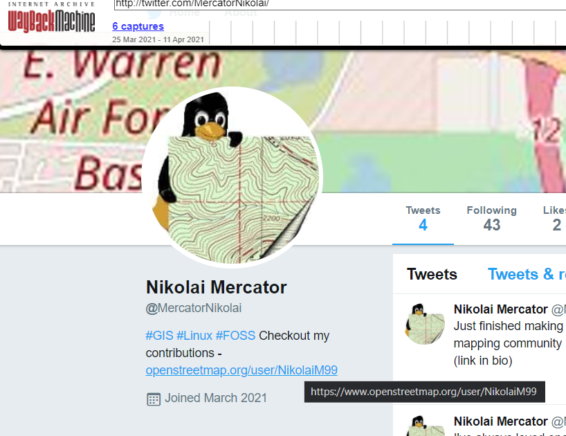 Nikolai's OpenStreetMap link in his archived Twitter bio