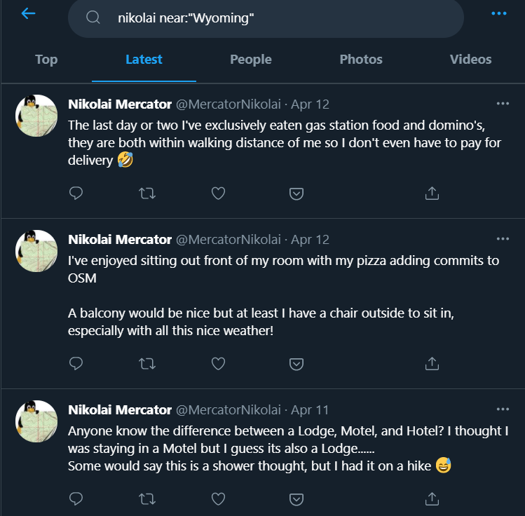 Searching for tweets near Wyoming reveals Nikolai