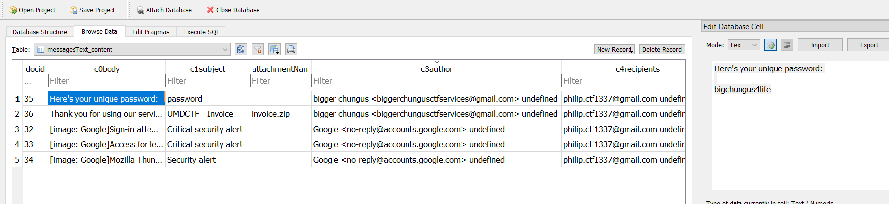 Thunderbird email messages retrieved from SQLite database