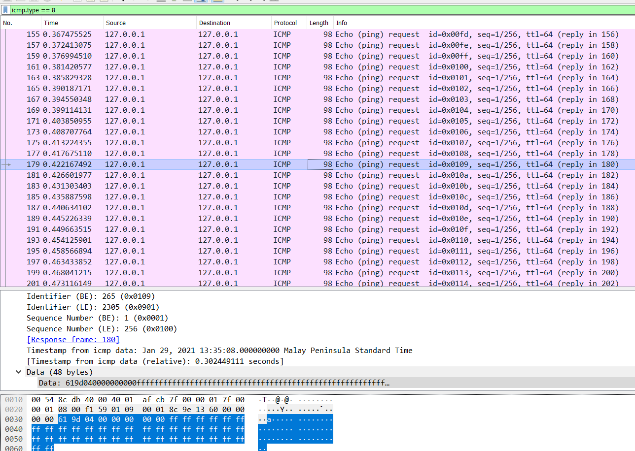 Ping requests with data ending in fs in Wireshark