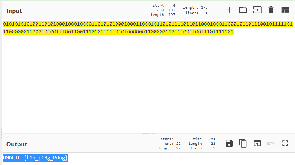 Decoding binary data in CyberChef gives flag