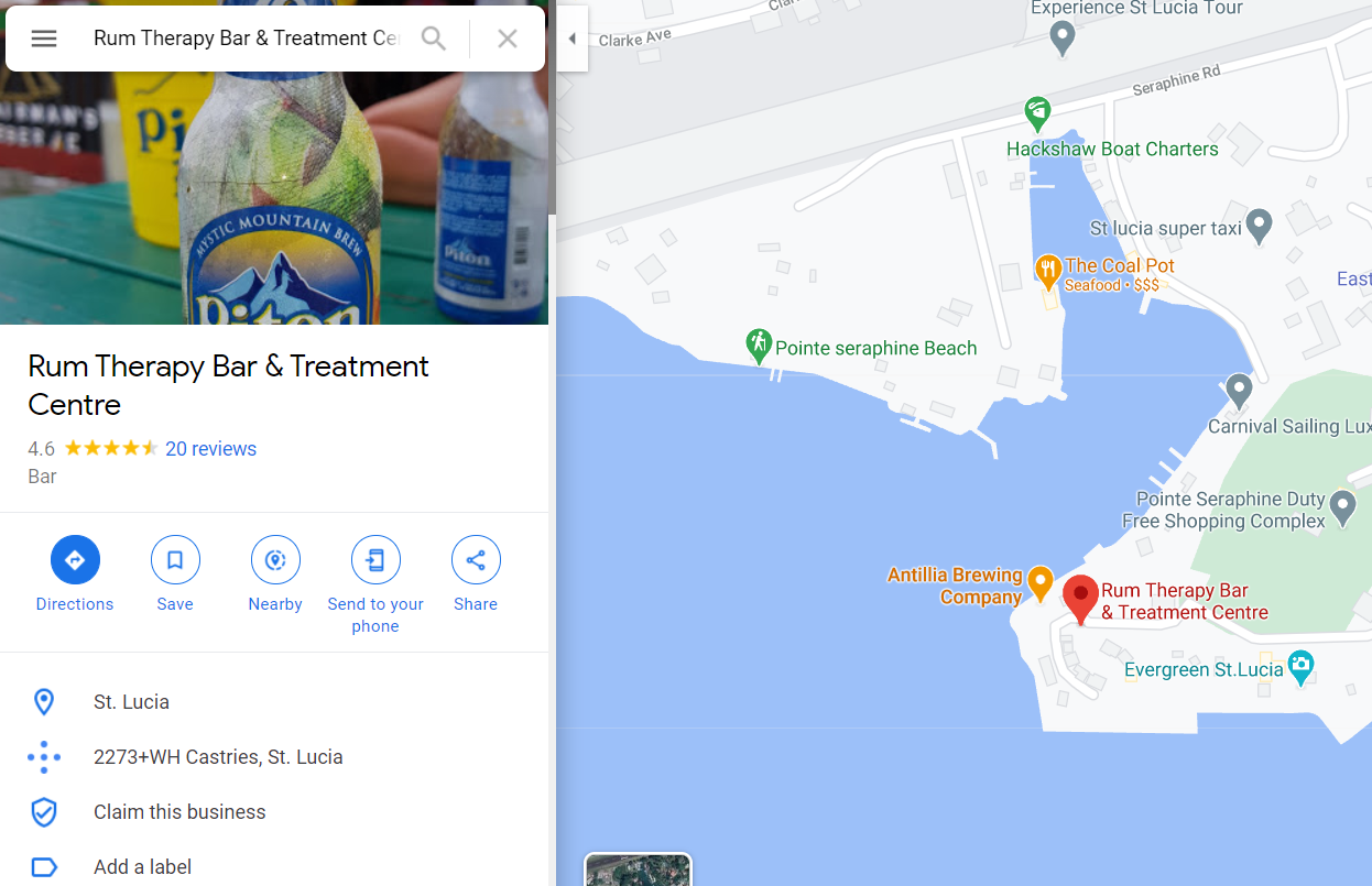 Antillia Brewing Company beside Rum Therapy Bar & Treatment Centre in Google Maps