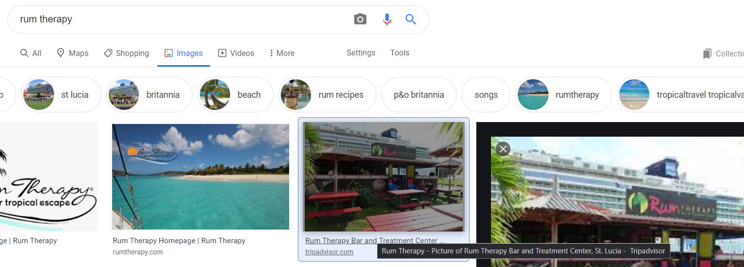 Google search for `Rum Therapy` shows matching Tripadvisor result